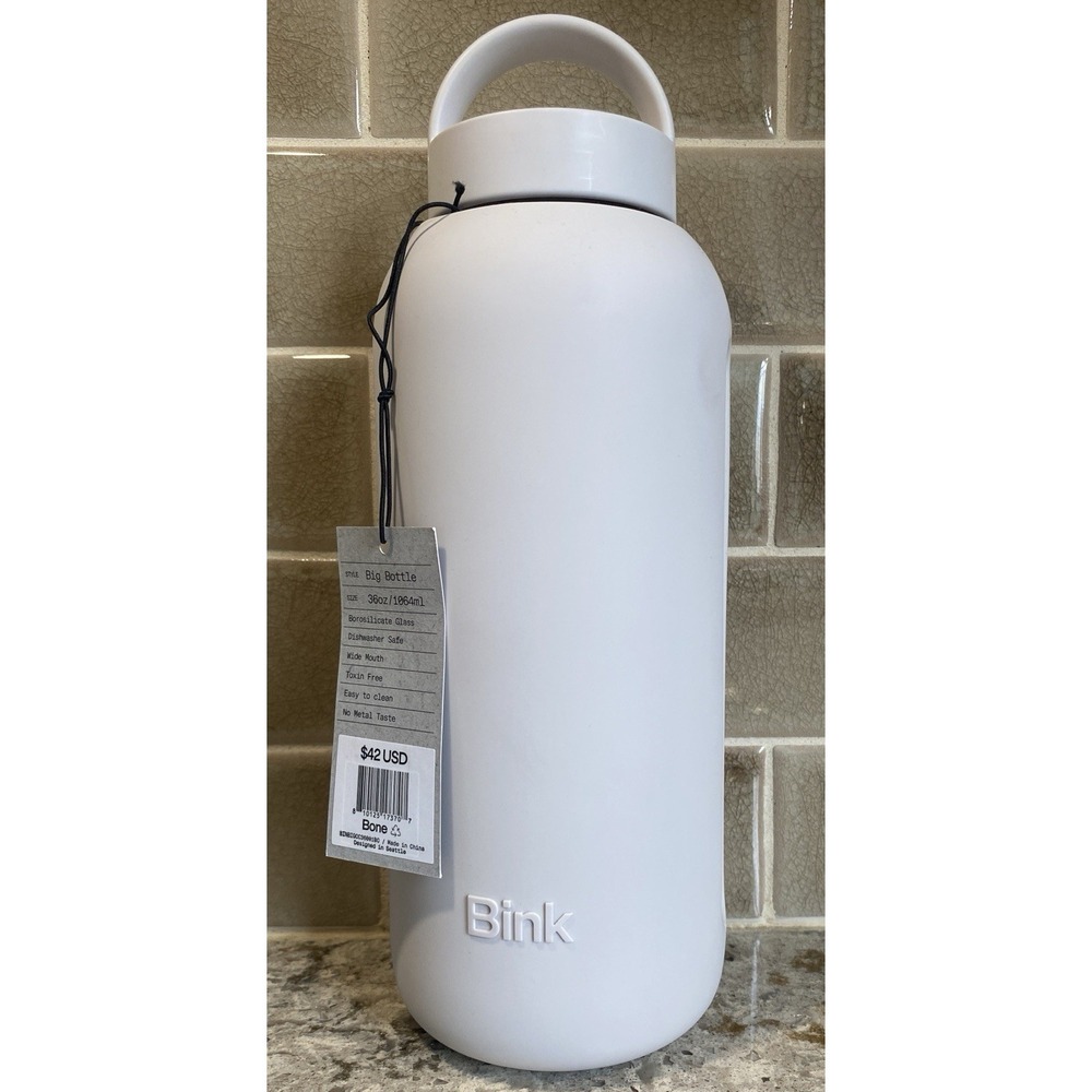 Bink Big Bottle 36oz Glass Water Bottle Silicone Sleeve - BONE - NWT Wide Mouth
